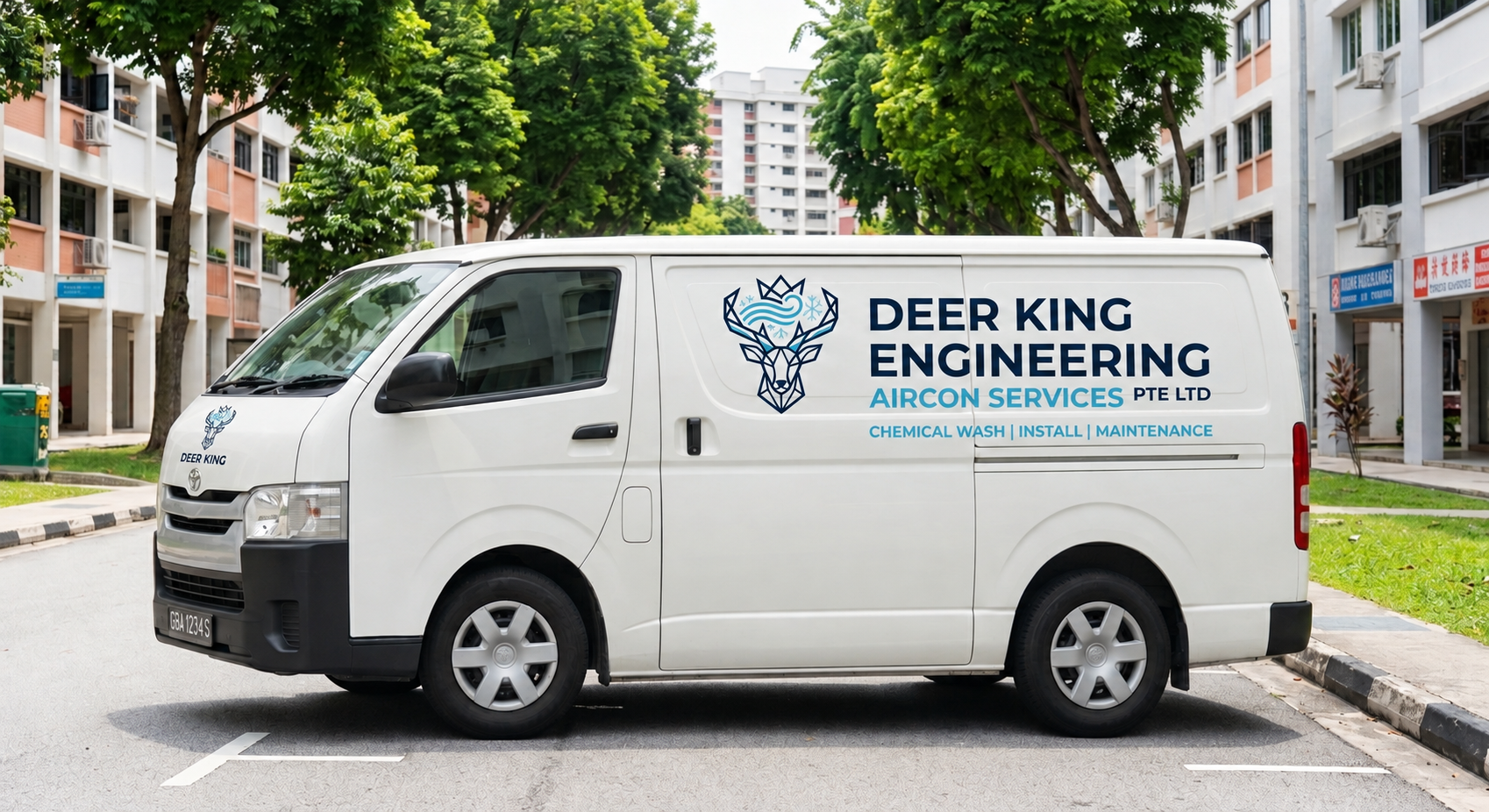 Deer King Engineering branded air-conditioning service van in Singapore